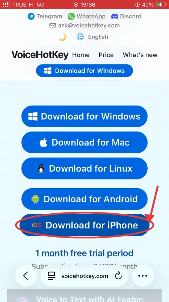 voicehotkey.com homepage with the Download for iPhone button