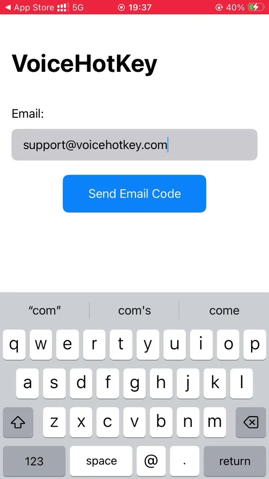VoiceHotKey email entry screen