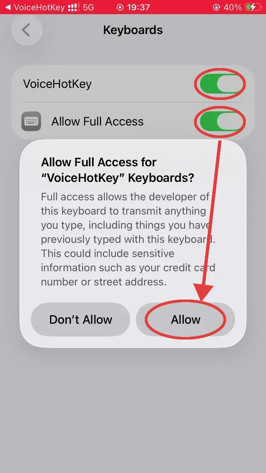 iOS Allow Full Access warning dialog