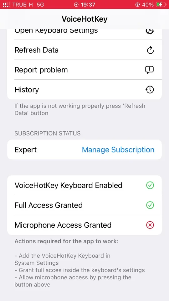 App showing actions required, microphone permission still missing