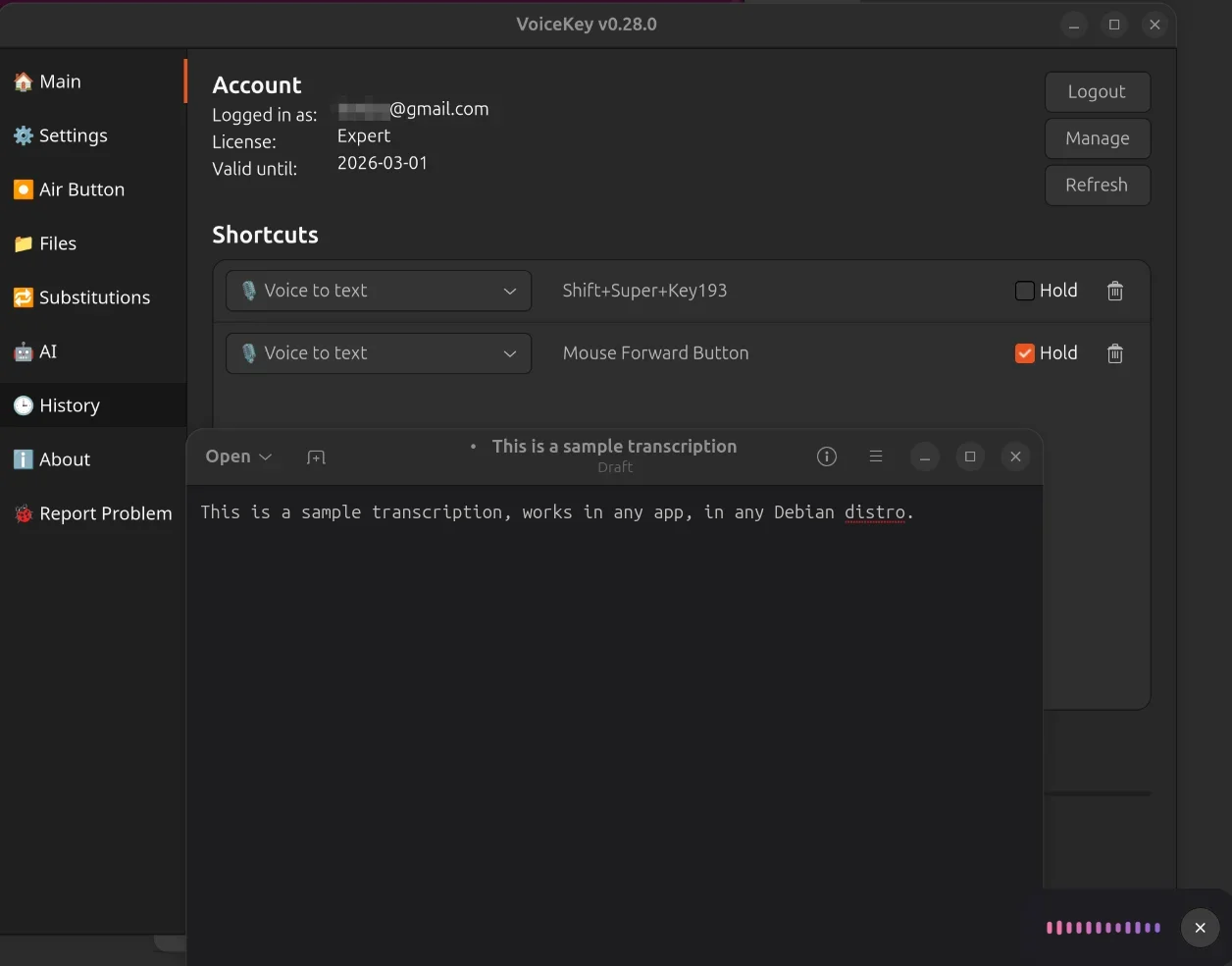 VoiceKey voice dictation app running on Ubuntu Linux with shortcuts and a live transcription
